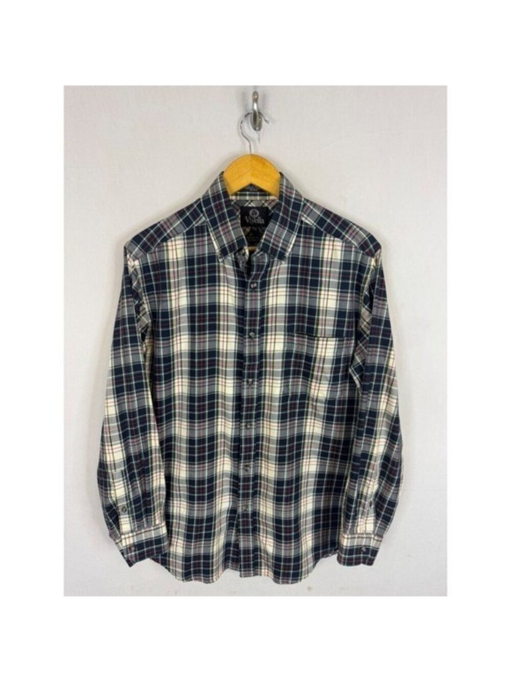 Viyella Mens Plaid Button Down Shirt Navy Green Cotton Wool Blend Size M